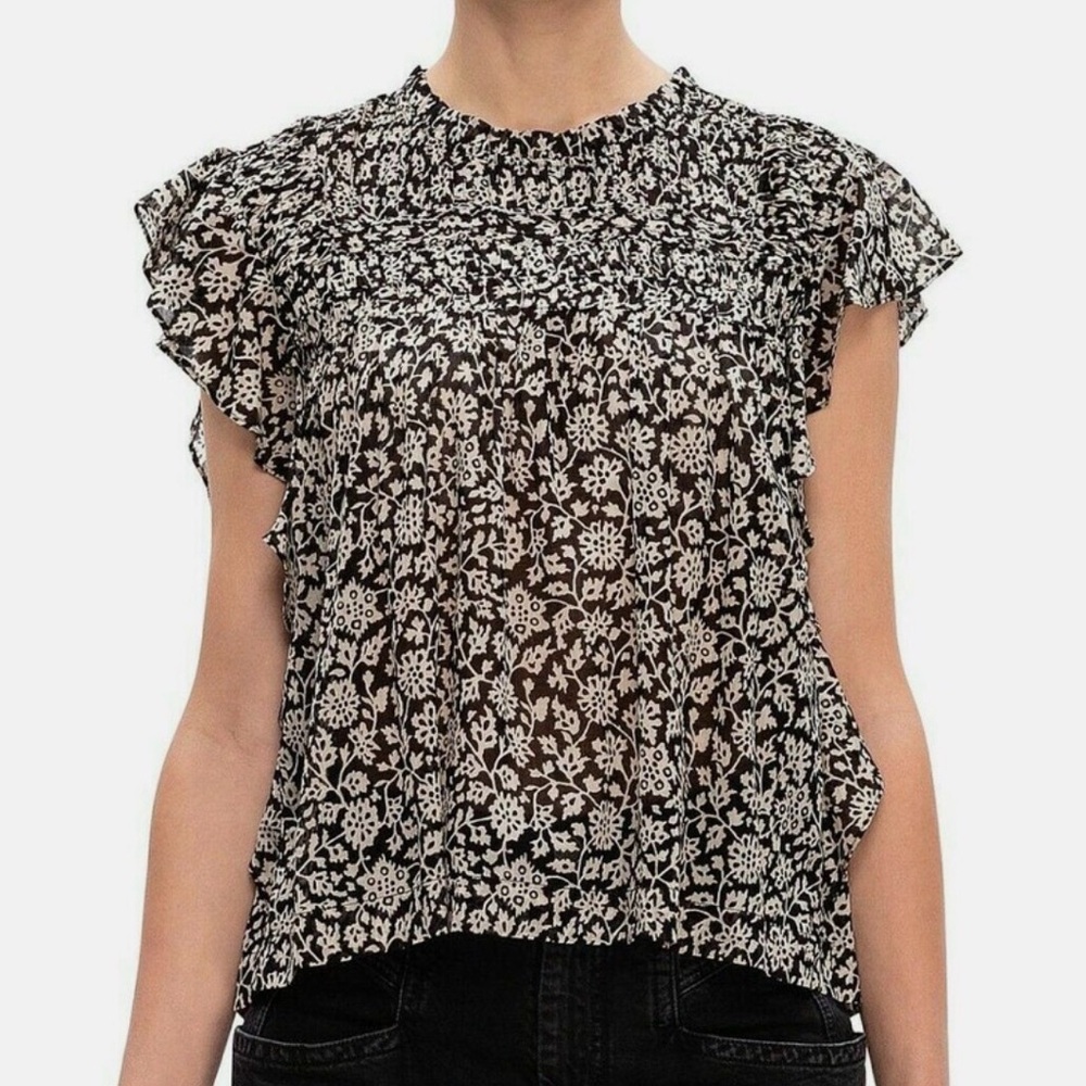 Isabel Marant Etoile Layona Top Women 36 Small Black Tan Floral Ruffle Parisian